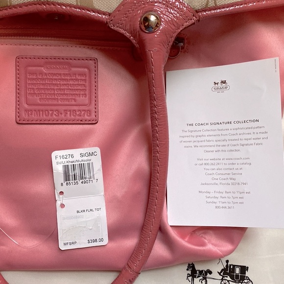 COACH signature jacquard fabric & patent leather flowers & trim tote. F16276 - Picture 12 of 15